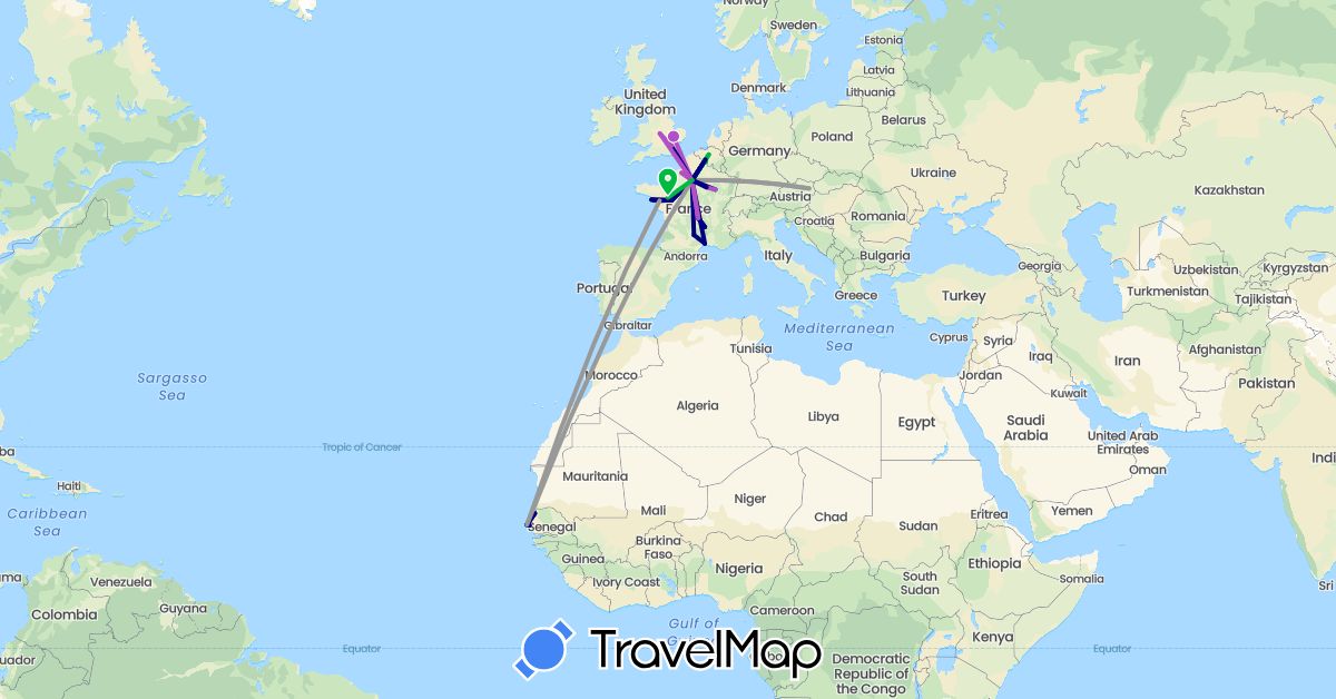 TravelMap itinerary: driving, bus, plane, train in Austria, Belgium, France, United Kingdom, Senegal (Africa, Europe)